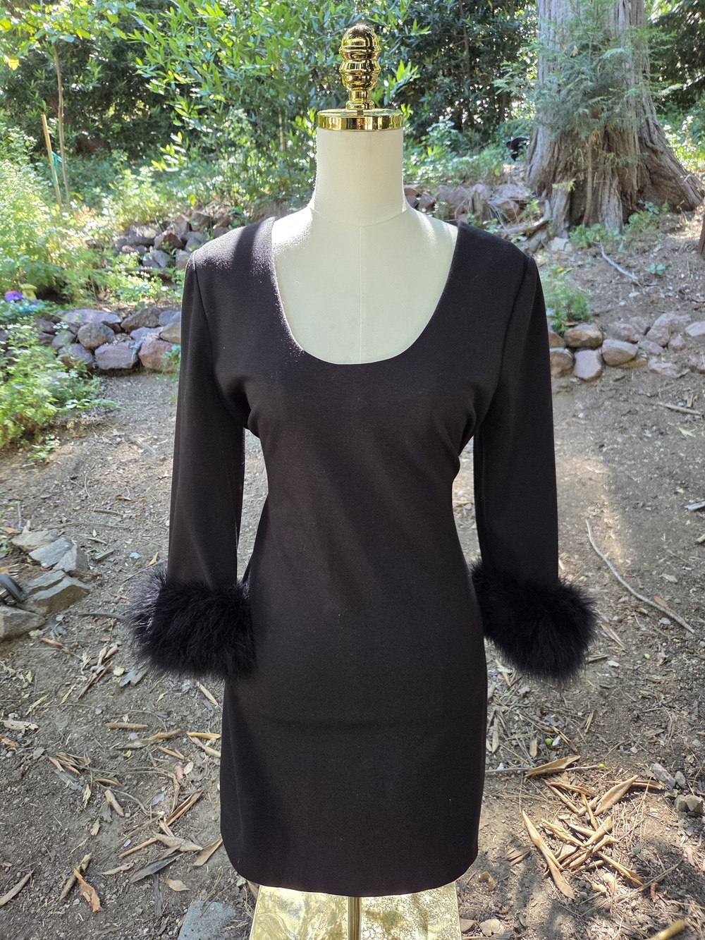 Calvin Klein Black Scoop Neck Dress with Faux Fur Cuffs Size 12
